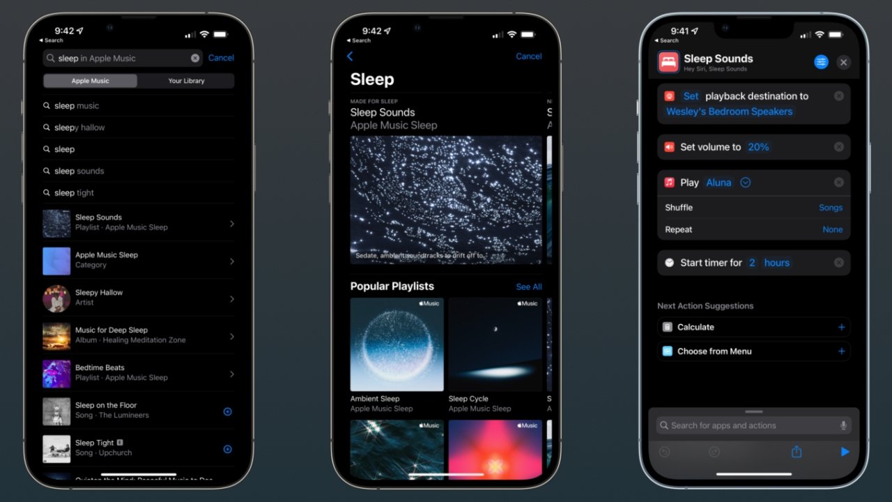 Use la categoría Apple Music Sleep para encontrar opciones de lista de reproducción para su acceso directo