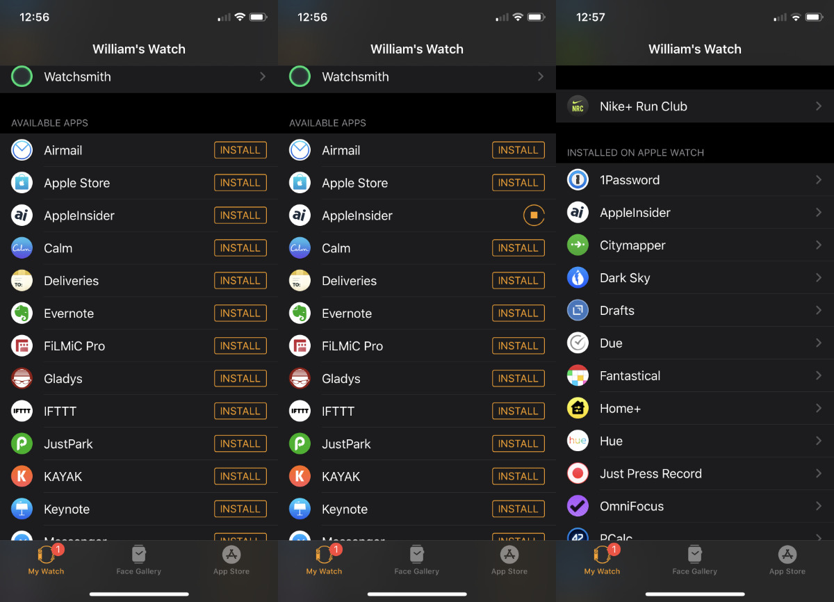 LR Busque la sección Aplicaciones disponibles en la aplicación Apple Watch del iPhone. Elija uno para instalar y luego aparece en la lista Instalado