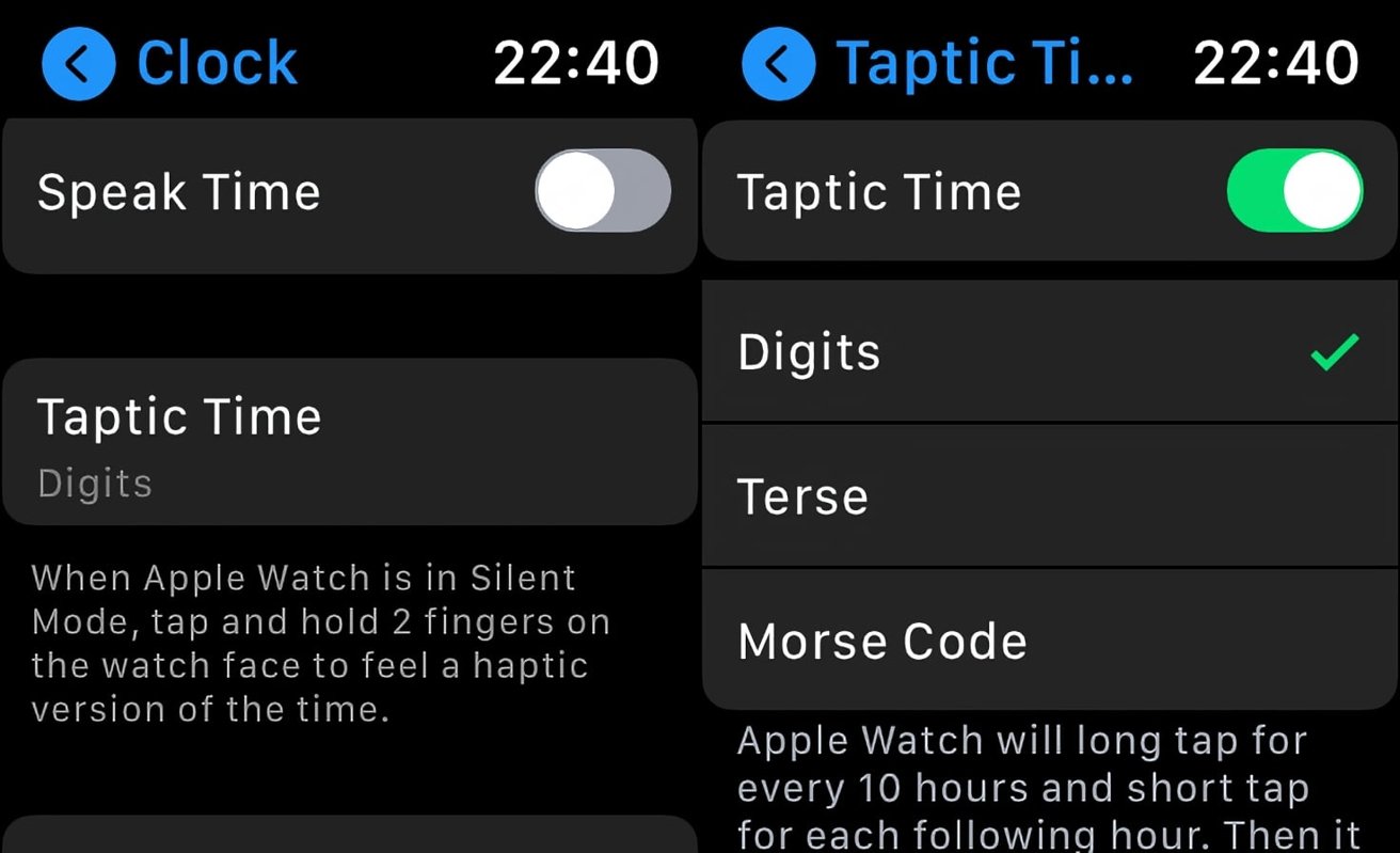 La configuración de Taptic Time se realiza en el menú Reloj en la aplicación Configuración. 